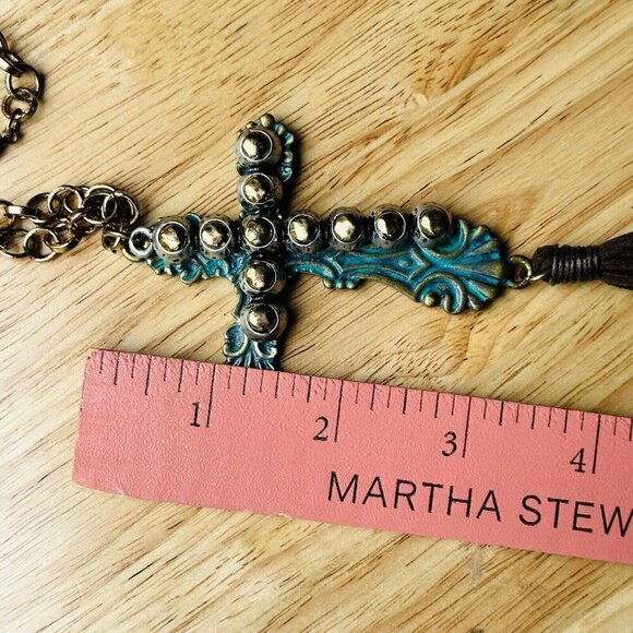 VTG Pendant Necklace 30" Christian‎ Cross Gunmetal Chain Leather Tassel Chunky - Picture 9 of 9